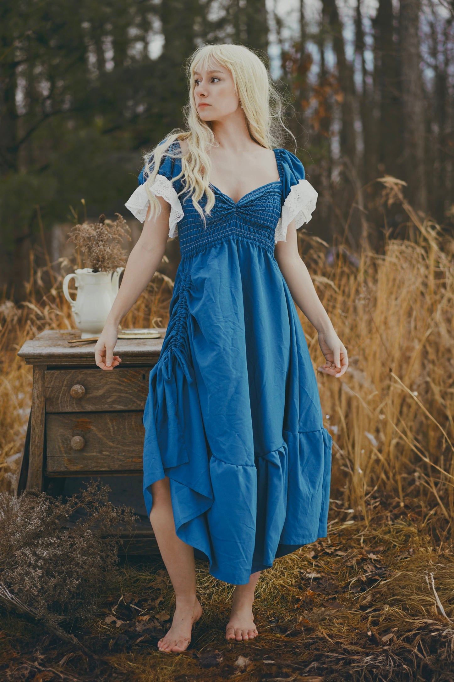 Cinch Slit, Laced Blue Dress (S-M)