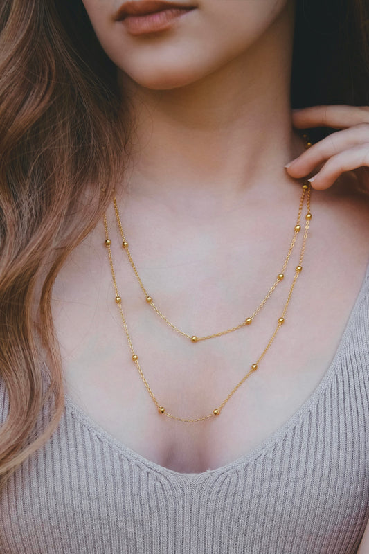 Gold Bead, Double Chain Necklace