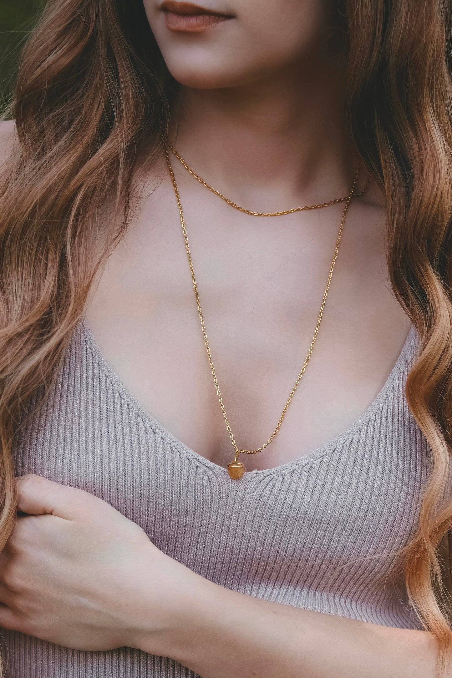 Long Double Chain Stone Necklace