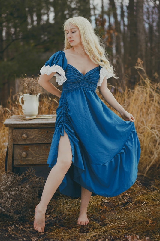 Cinch Slit, Laced Blue Dress (S-M)